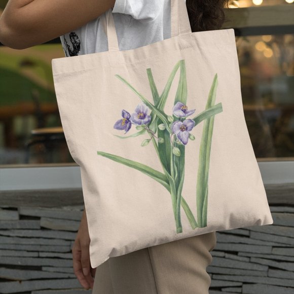 Outfit Bits Handbags - Virginia Spiderwort Vintage Watercolor Floral Print Graphic Canvas Tote Bag